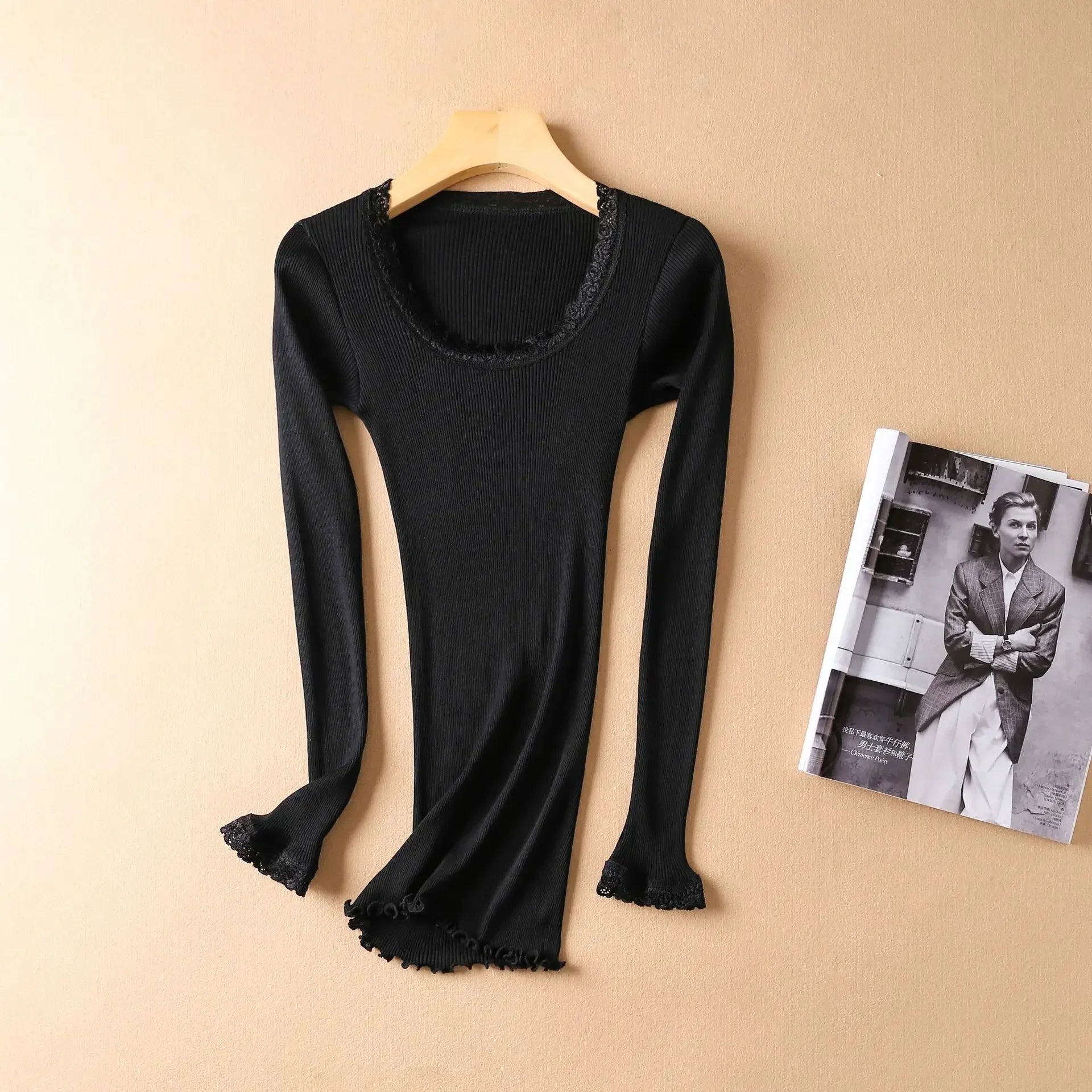Autumn and Winter Mulberry Silk Women's Warm Underwear Round Neck Silk Lace Edge Long Sleeve Bottom Shirt Slim Fit