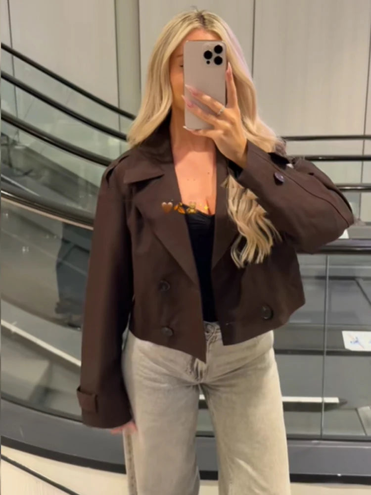 Solid Double-breasted Short Windbreaker Women Fashion Lapel Long Sleeve Slim Thin Jackets 2025 Autumn Female High Street Outwear