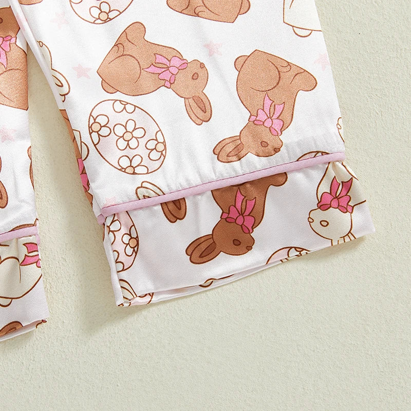 Toddler Girl Easter Satin Pajama Set with Bunny and Carrot Print Long Sleeve Button-up Tops and Pants Sleepwear Outfit 2 Piece
