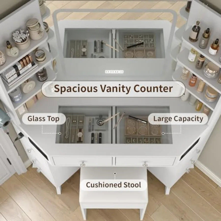 Corner Vanity Desk with Speaker 8 Drawers and 6 Shelves Modern Vanity with Mirror and Lights Makeup Vanity with Glass Top 3 Col