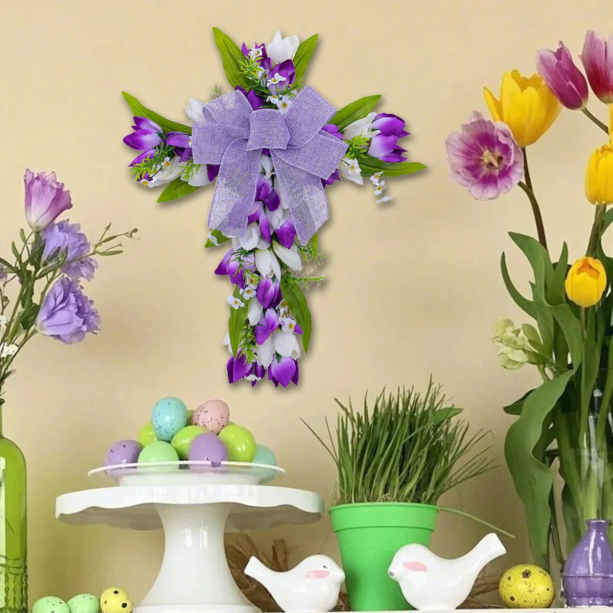 Tulip Crosses Wreath for Front Door Artificial Spring Easter Religious Crosses Wreath Sign Christian Easter Crosses