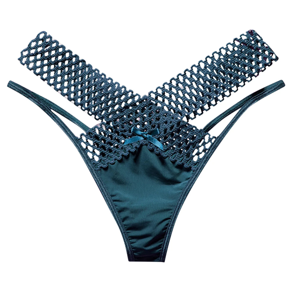 Fashion Low Waist Hollow Out Thongs French Style Bowknot Satin Silk Panties Solid Color Underwear Women Mesh Briefs Daily