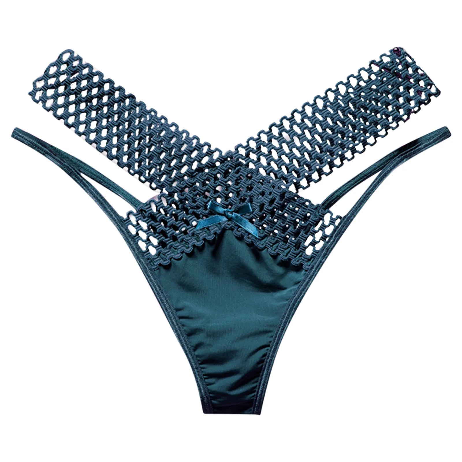 Fashion Low Waist Hollow Out Thongs French Style Bowknot Satin Silk Panties Solid Color Underwear Women Mesh Briefs Daily