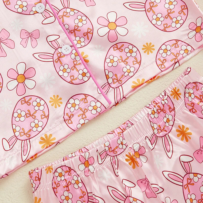 Adorable Toddler Girl Easter Pajamas Set with Egg and Floral Print Short Sleeve Lapel Tops and Elastic Waist Shorts Sleepwear