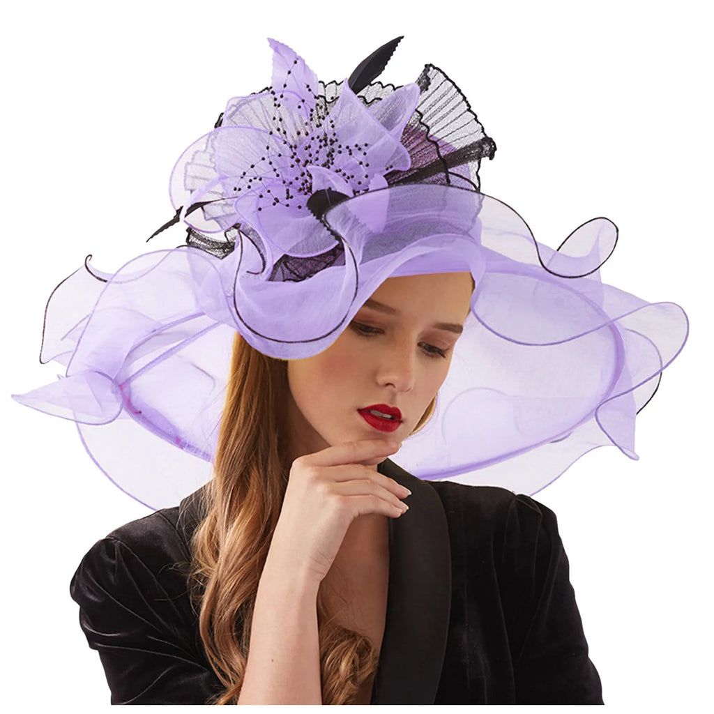 Women Elegant Sun Hats Wide Brim Organza Fedoras Wedding Derby Tea Party Fascinator Hat Summer Floral Sunhats Ladies Beach Cap