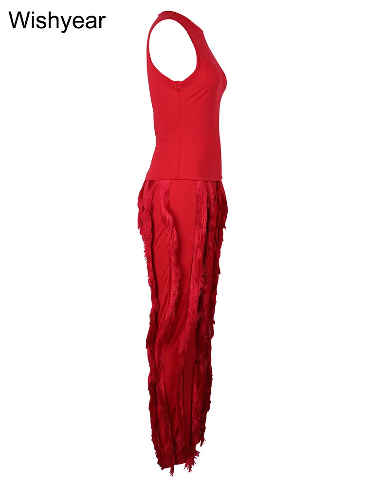 Fashion Sleeveless Top and Drawstring High Waist Fringed Straight Pants Tassel Two Piece Sets Women Streetwear Autumn Tracksuit