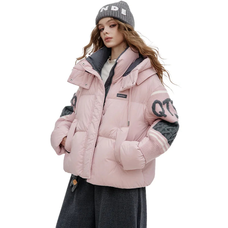ELFSACK 2025 Winter New Arrivals Casual Preppy Layered Collar Knitted Patchwork Sleeves Mid Length Down Jacket For Woman