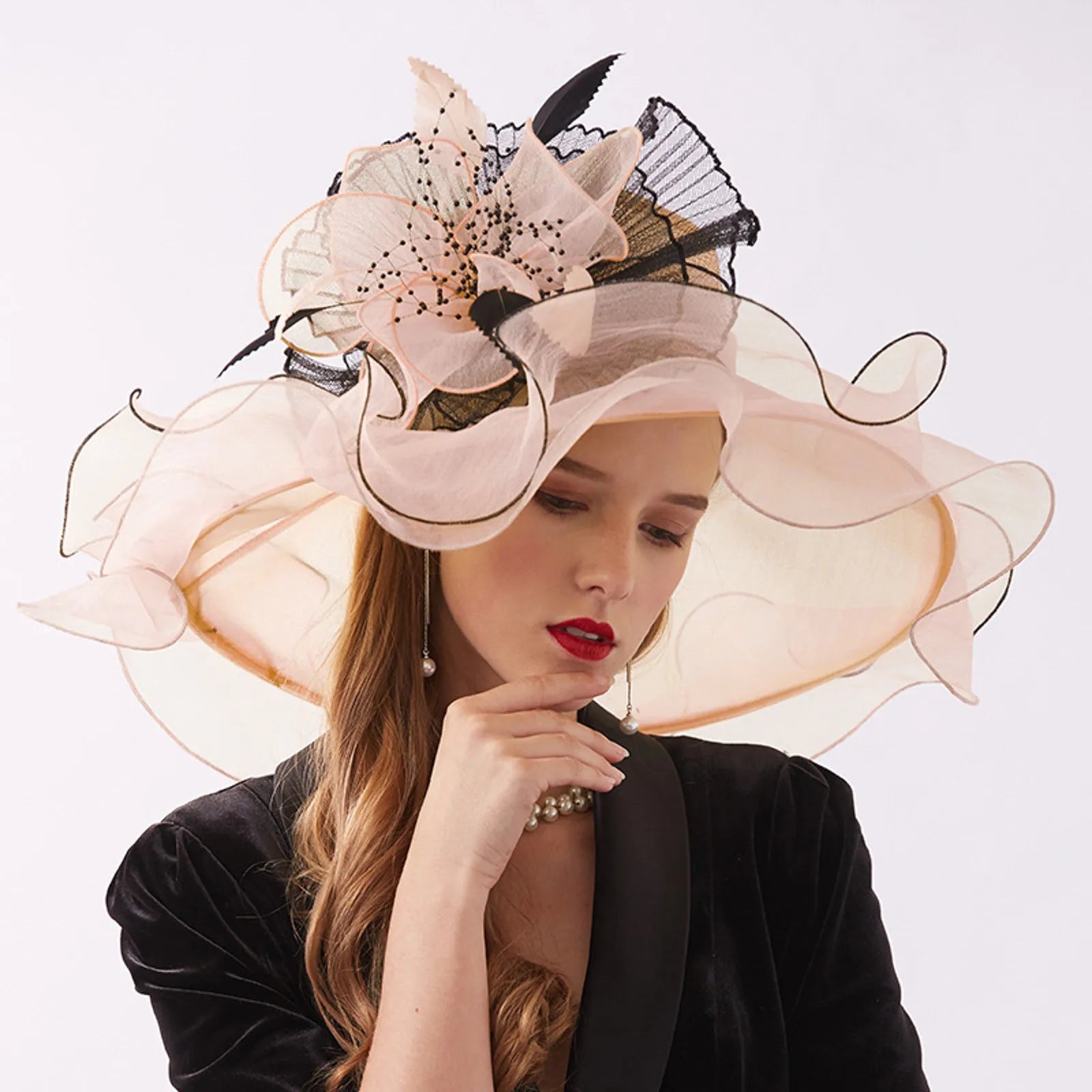 Women Elegant Sun Hats Wide Brim Organza Fedoras Wedding Derby Tea Party Fascinator Hat Summer Floral Sunhats Ladies Beach Cap