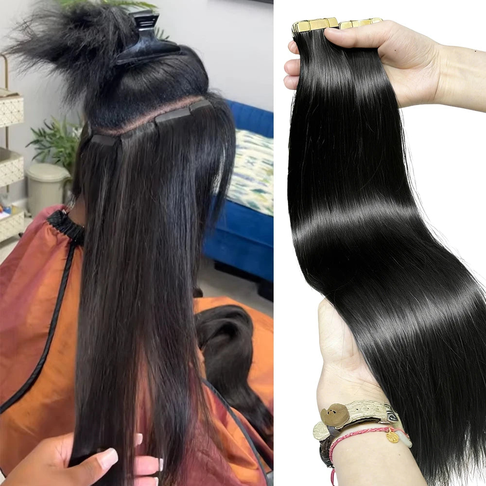 25 pcs Straight Tape In Hair Extensions 100% Human Hair 30 Inch Brazilian Invisible Seamless Weft PU Tape In Raw Hair Extensions
