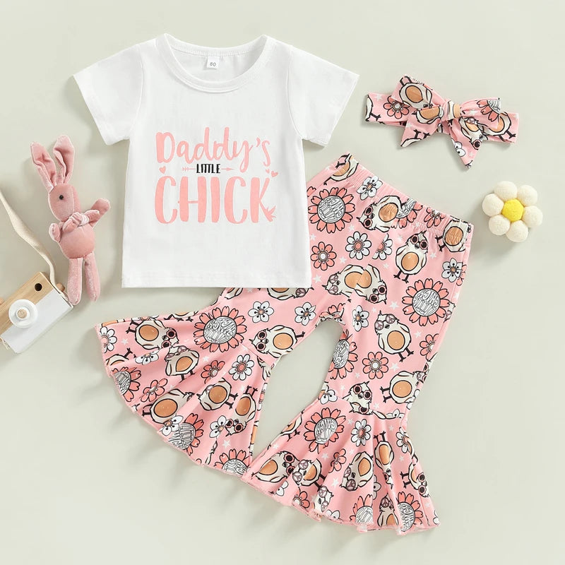 Baby Girls Easter Outfit Sets Pink Ruffle Sleeve Top Bunny Print Leggings Matching Headband and Bow