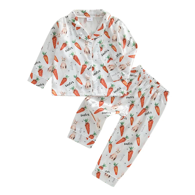 Children s Easter Pajama Set Adorable Bunny and Carrot Print Pajamas with Long Sleeve Top and Matching Pants for Boys