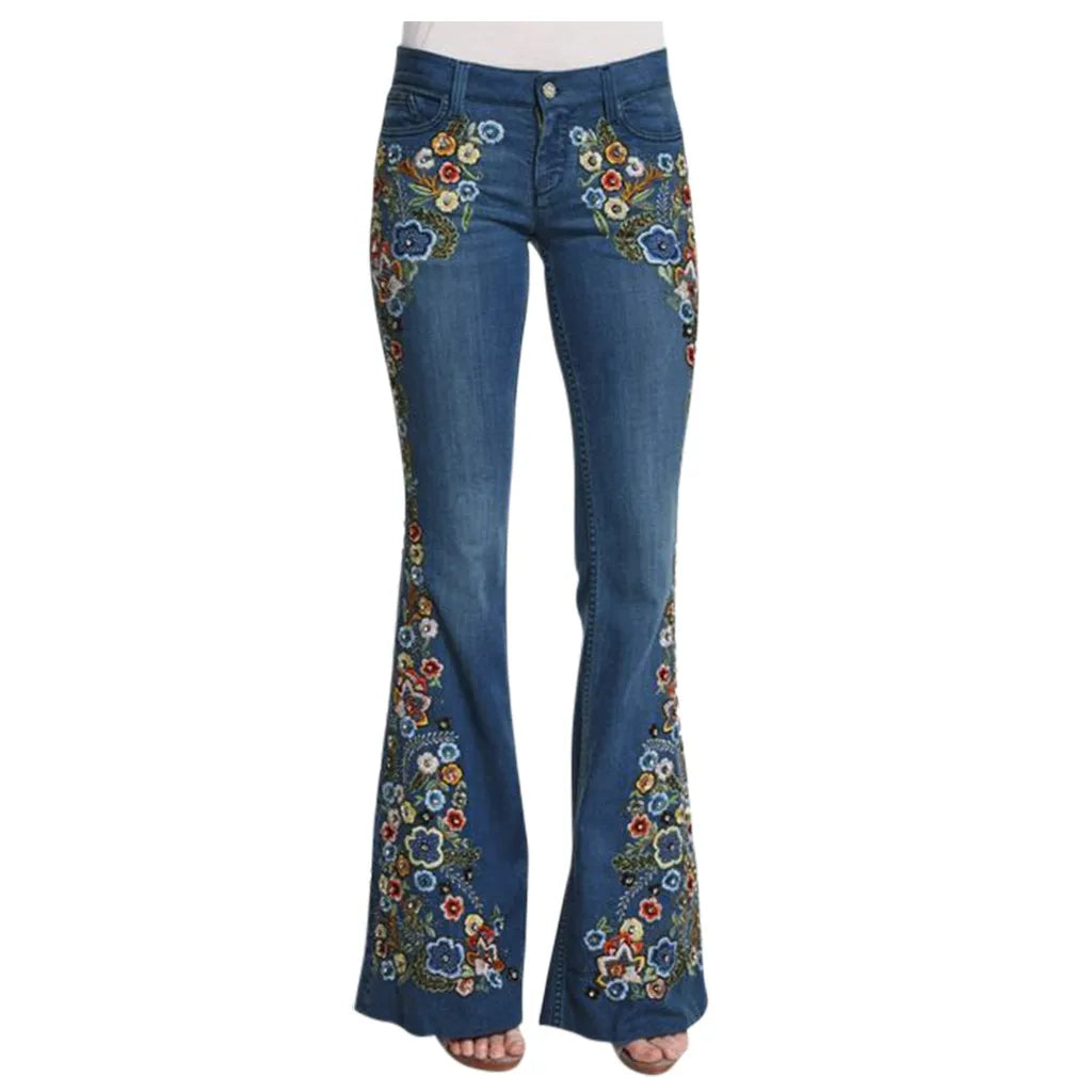 Women Retro Floral Embroidered Denim Flare Pants Distressed Straight Plus Size Trousers Elegant Women Palazzo Wide Leg Jeans