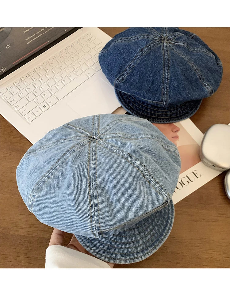 Japanese Retro Denim Cloud Berets Cap for Women Spring and Summer Casual Versatile Simple Literary Style Octagonal Newsboy Hat