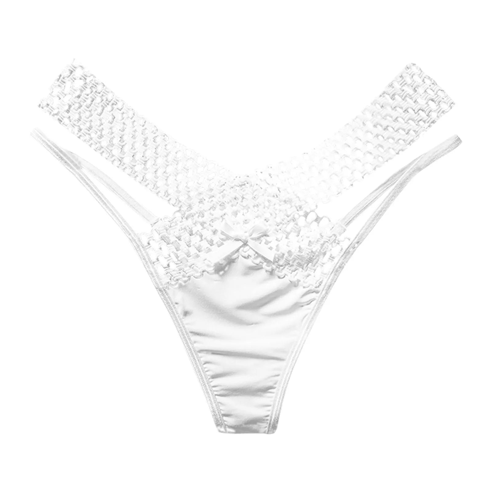 Fashion Low Waist Hollow Out Thongs French Style Bowknot Satin Silk Panties Solid Color Underwear Women Mesh Briefs Daily