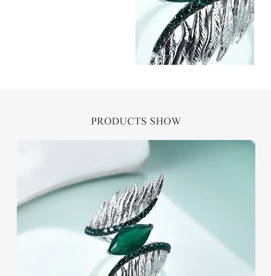 GEM'S BALLET Indian Style 925 Sterling Silver Female Rings For Women Green Agate Feather Finger Ring Sterling Silver Jewelry