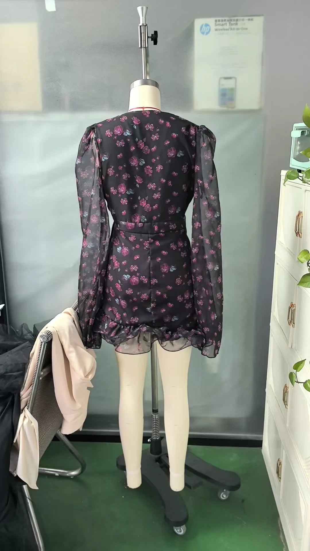 Flora Painted Ruffle Mini Dress Women Elegant Full Sleeve Deep V-neck Slim A-line Dresses 2026 Lady Holiday Street Outwear New