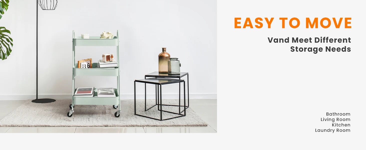 JHK 3 Tier Metal Storage Kitchen Cart with Lockable Wheels Mobile Shelving Unit Utility Rolling Organizer For Home Narrow Places