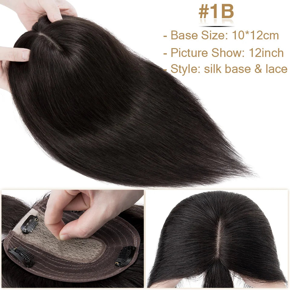 S-noilite Natural Hair Topper Wig for Women 10x12cm with Silk Base 3.5x9cm Human Hair Piece with Bangs Hair Clip Included