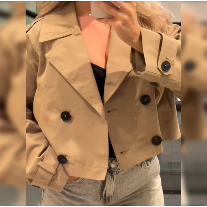 Solid Double-breasted Short Windbreaker Women Fashion Lapel Long Sleeve Slim Thin Jackets 2025 Autumn Female High Street Outwear
