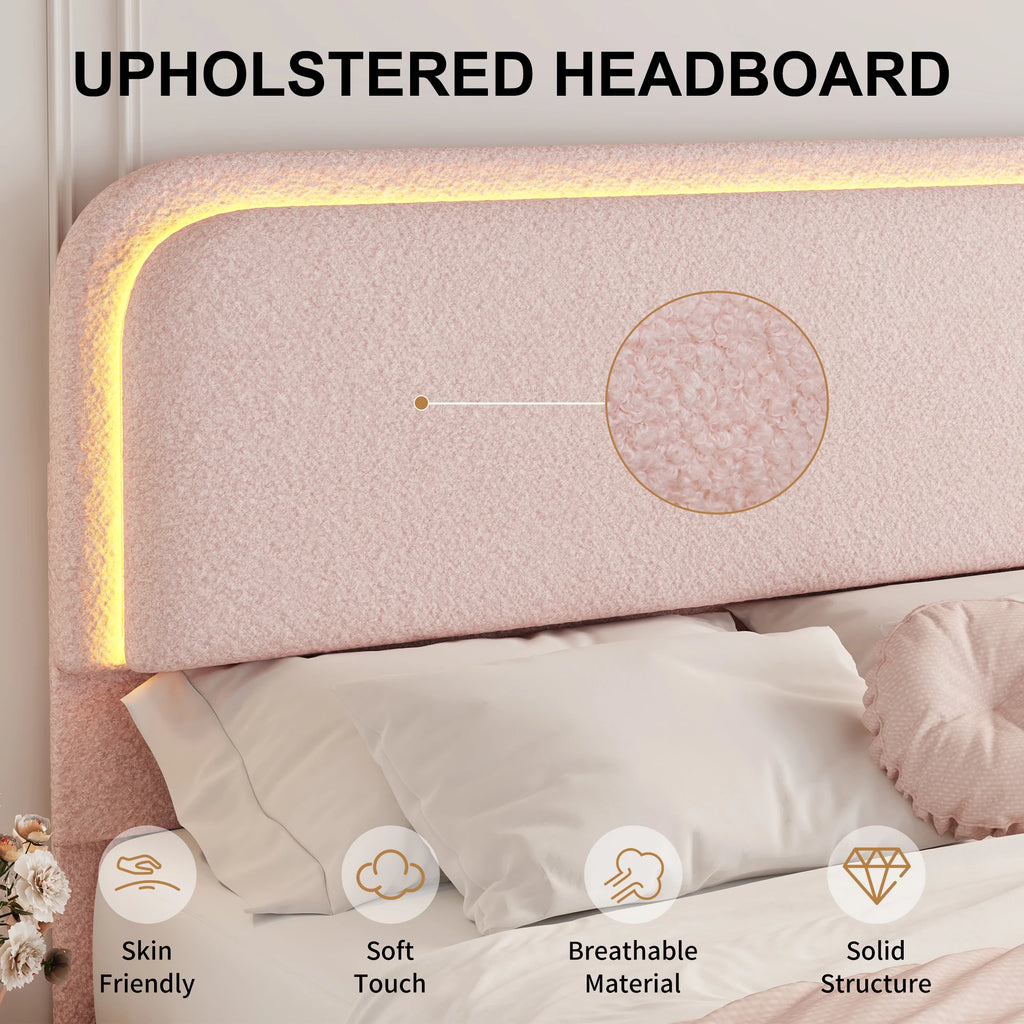 Full Size LED Bed Frame with Storage Drawers, Teddy Upholstery, Rounded Headboard, Soft and Cozy, No Box Spring Needed