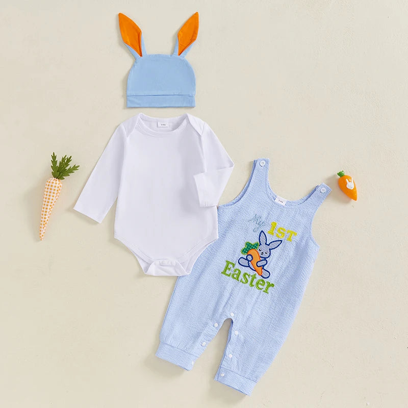 Toddler Girl Easter Dress Floral Print Ruffle Sleeve Romper Bunny Embroidery Skirt Headband 3 Piece Spring Set for Baby Girl