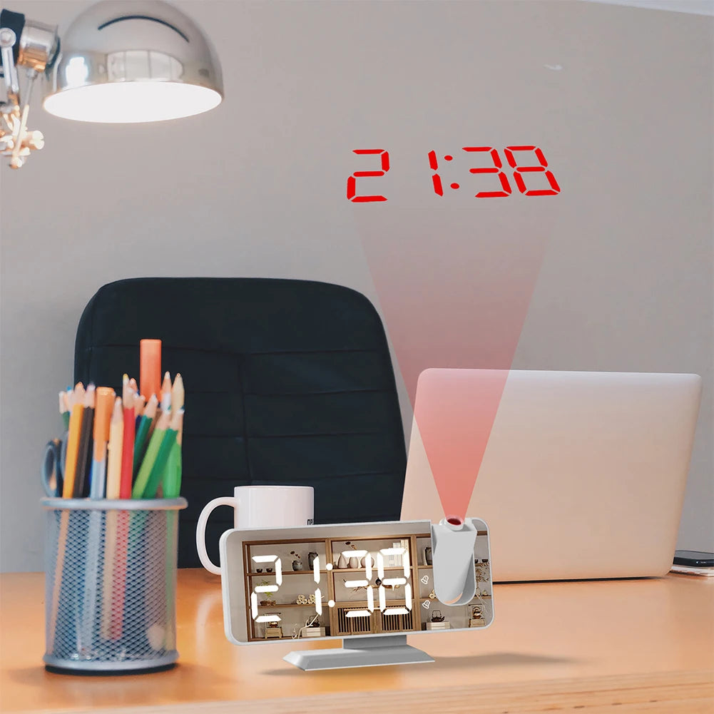 Digital Projection Alarm Clock Large LED Display 180° Rotatable Projector & Dimmer 12/24H DST With Time Temperature for Home Bed