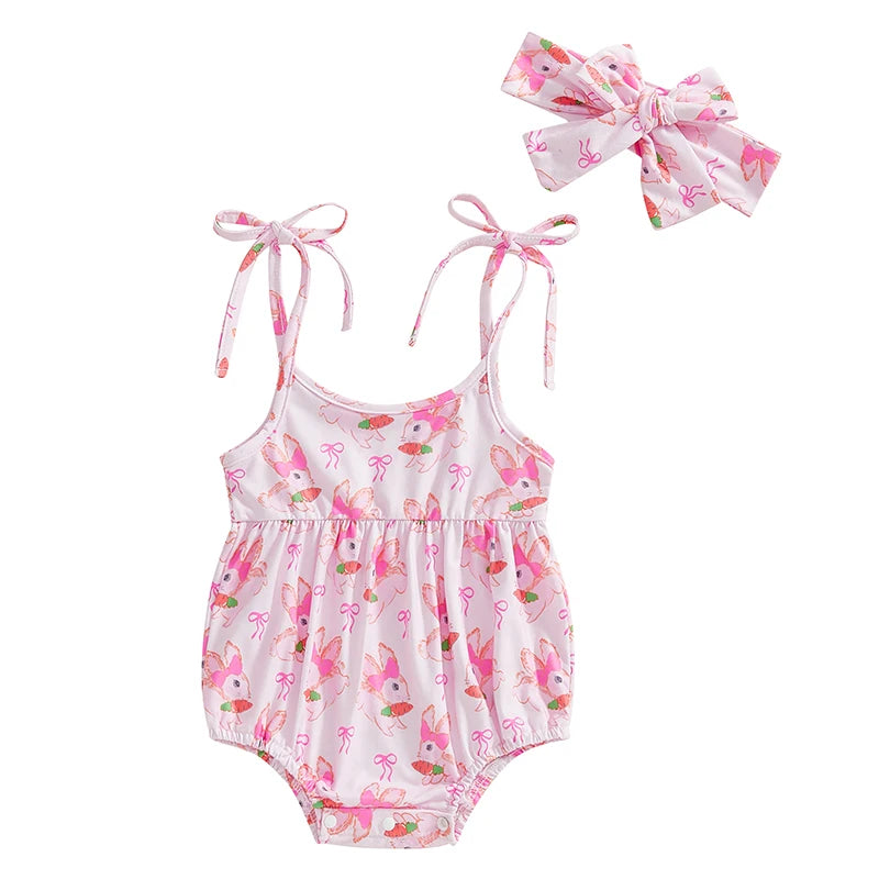 Toddler Girls Spring Floral Print Sleeveless Romper with Matching Headband Set for Easter Celebration and Playdates