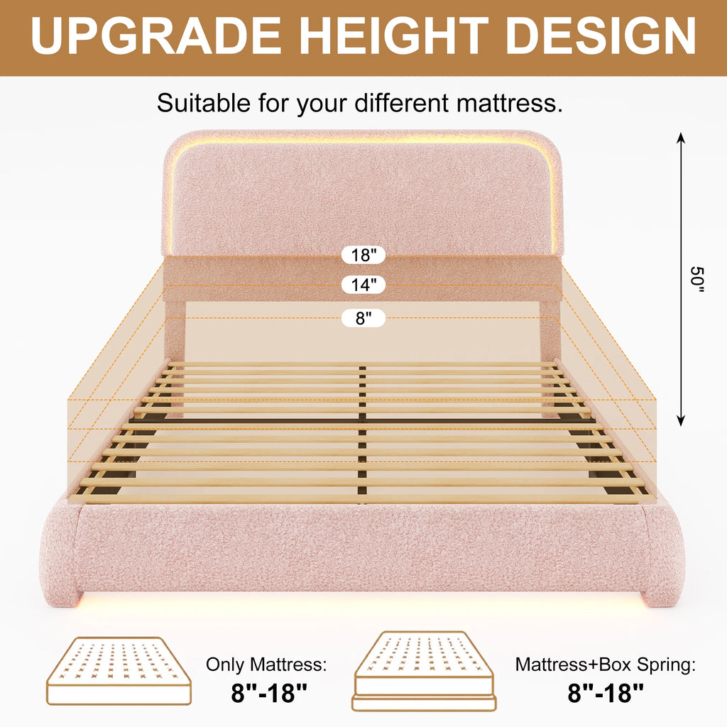 Full Size LED Bed Frame with Storage Drawers, Teddy Upholstery, Rounded Headboard, Soft and Cozy, No Box Spring Needed
