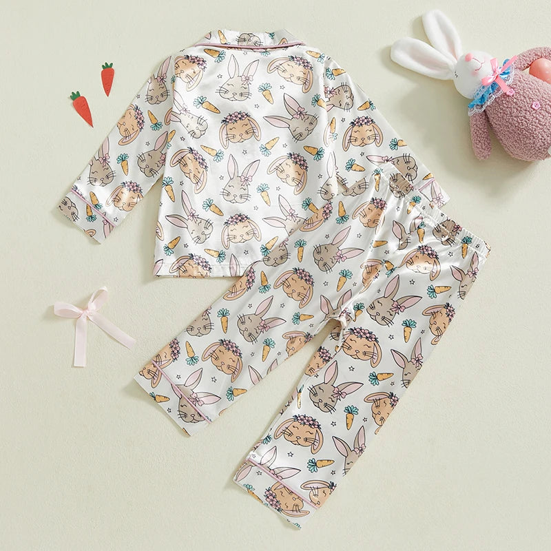 Toddler Girl Easter Satin Pajama Set with Bunny and Carrot Print Long Sleeve Button-up Tops and Pants Sleepwear Outfit 2 Piece