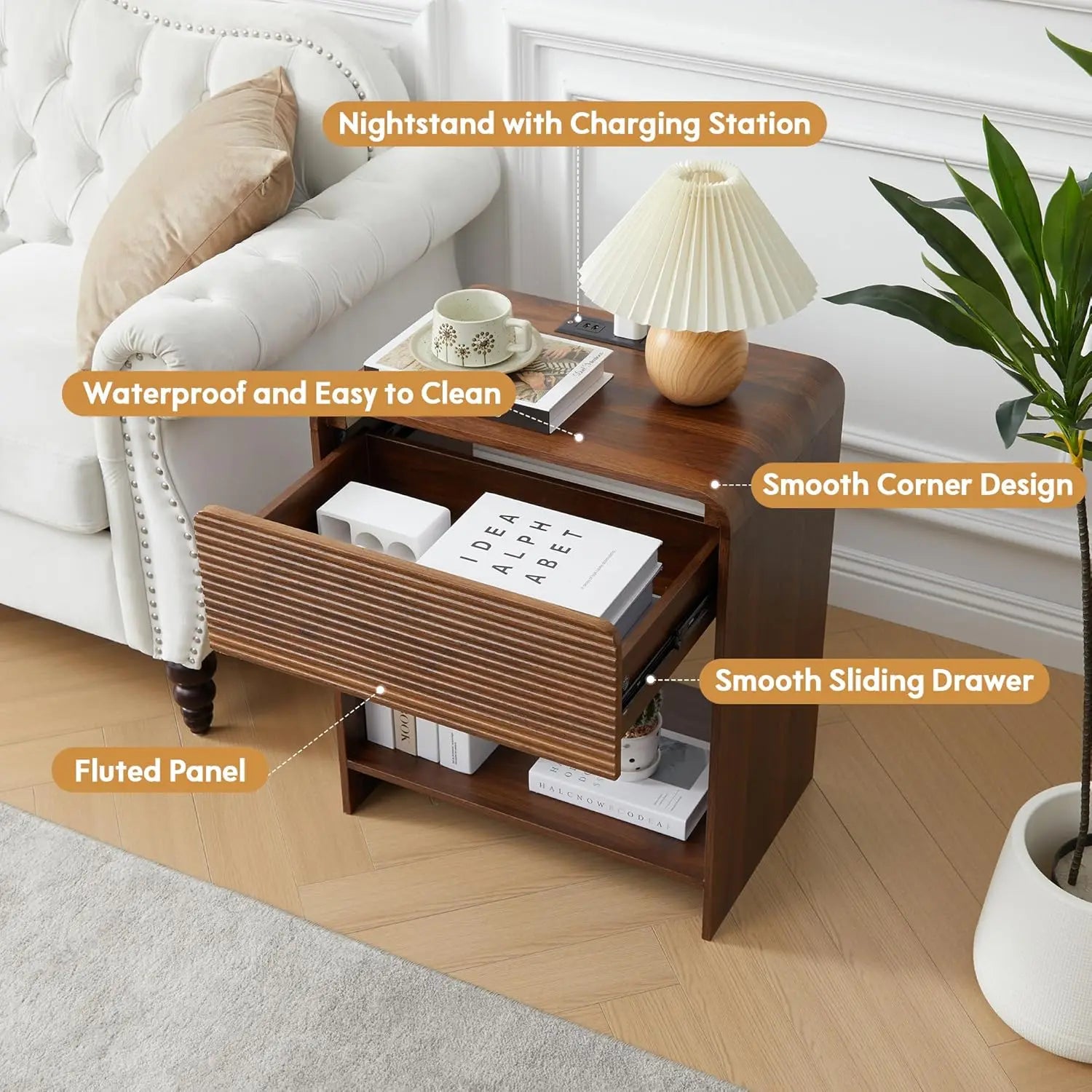 Fluted Nightstand Set of 2 with Charging Station, Modern Bed Side Table End Table with Drawer Storage, Large Wooden, Customized