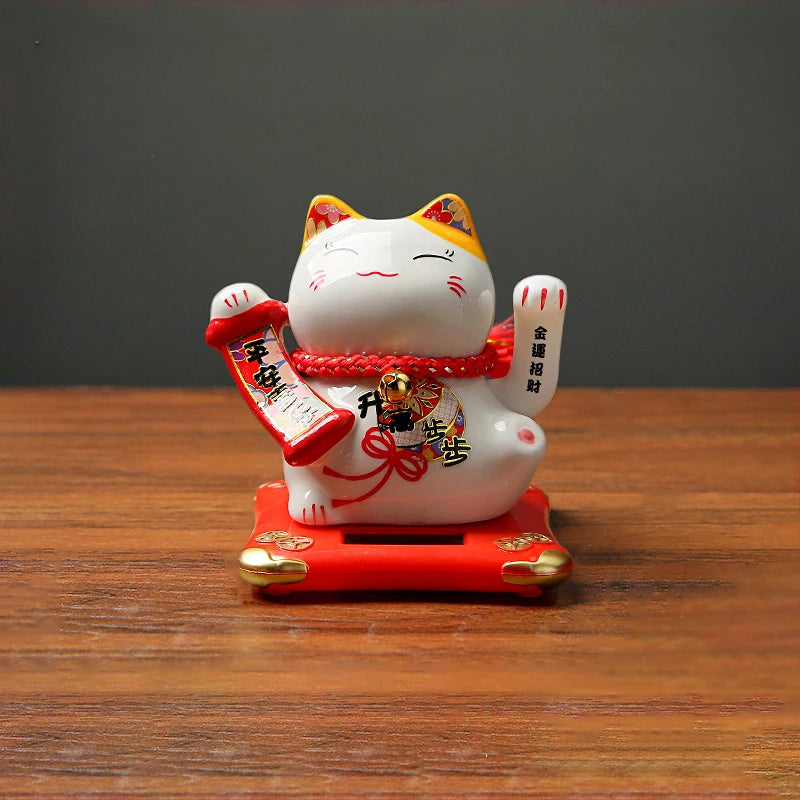4.3 Inch Solar Powered Waving Ceramic Maneki-neko Lucky Beckoning Cat for Wealth Fortune, Home Office Decor, Gift for Prosperity