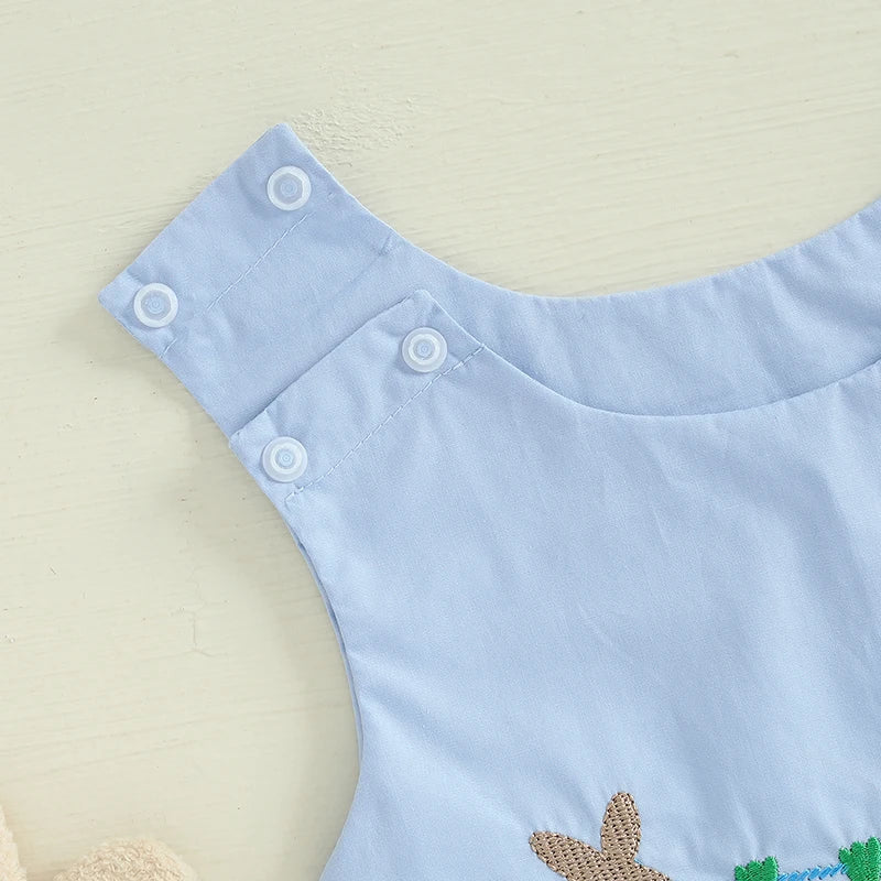 Infant Easter  Adorable Sleeveless Round Neck Rabbit Embroidered Loose Fit Romper Baby Jumpsuit Toddler Outfit for Spring