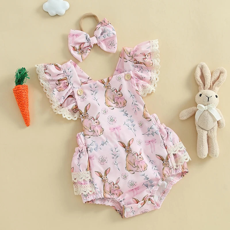 Toddler Girls Floral Bunny Print Lace Trim Flutter Sleeve Romper with Bow Headband Easter Outfit Set 2 Pieces