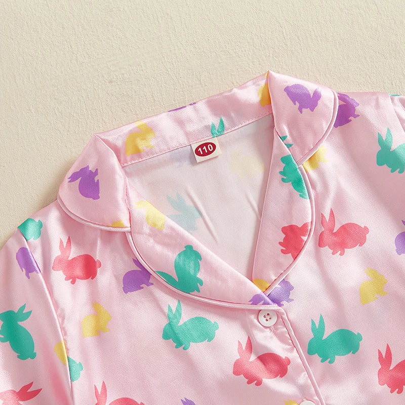 Easter 2-Piece Pajama Set with Short Sleeve Lapel Bunny Print Shirt and Shorts for Comfortable Sleepwear