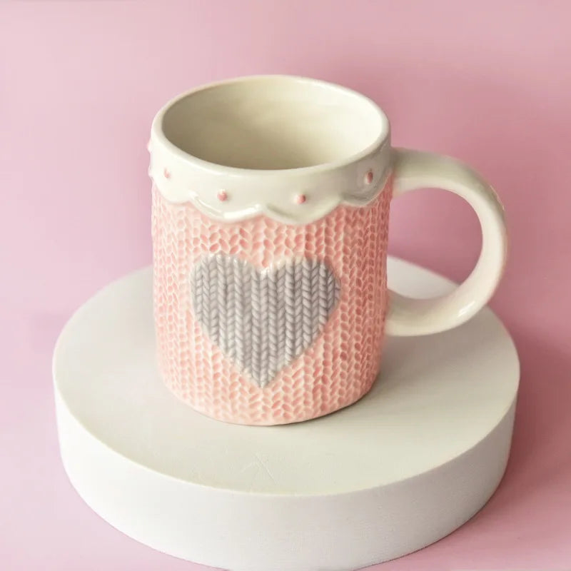 480ml Large Ceramic Coffee Mug Kawaii Bowknot Tea Cup Pink Wool Knitting Mug Dishwasher and Microwave Safe