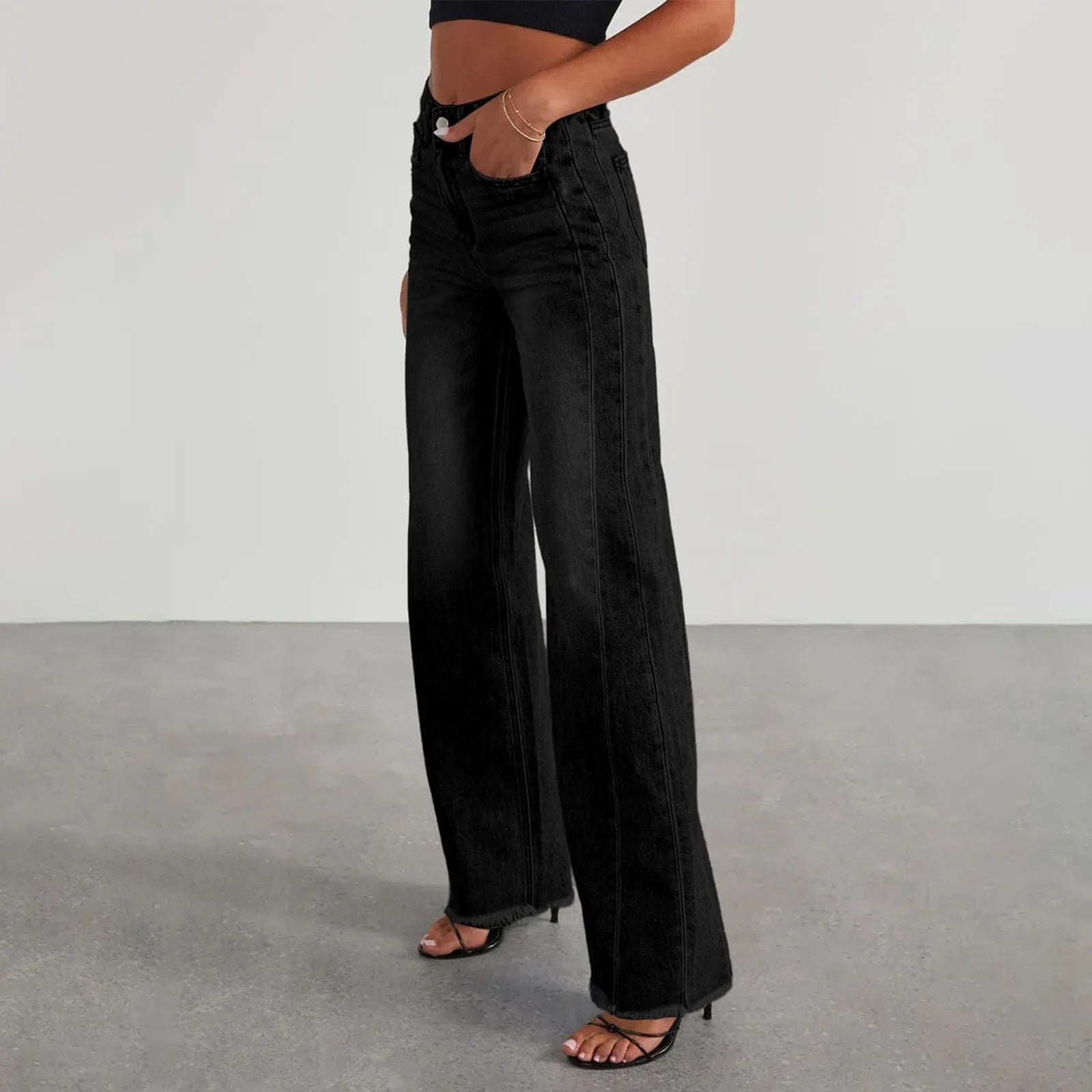 Retro High Waist Straight Leg Jeans Women's Fashion Cross-Border Frayed Hem New Style Side Seam Patchwork Distressed