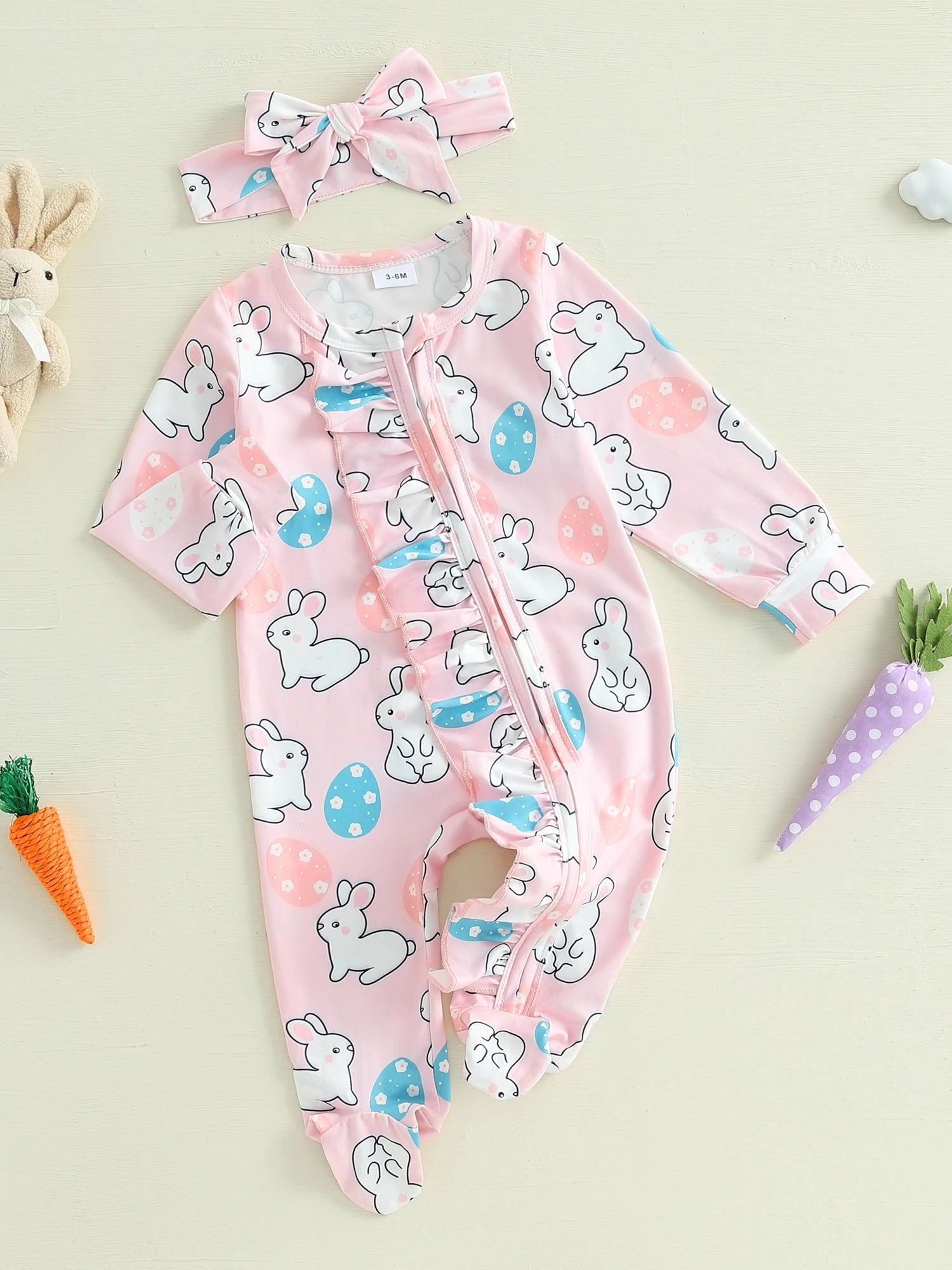 Toddler Girl 2Pcs Spring Outfits Short Sleeve Round Neck Floral Print Romper with Bow Headband Set Infant Clothing for Easter