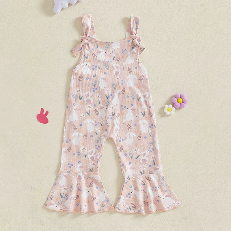 Toddler Easter Bunny Romper Sleeveless Jumpsuit with Egg Print Suspender Pants for Girls Spring Outfit Casual Wear