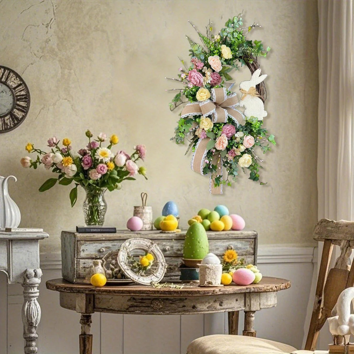 Spring Wreath for Front Door, Easter Wreath Artificial Teardrop Wreath Bunny Artificial Flower Wreath Summer Wreath