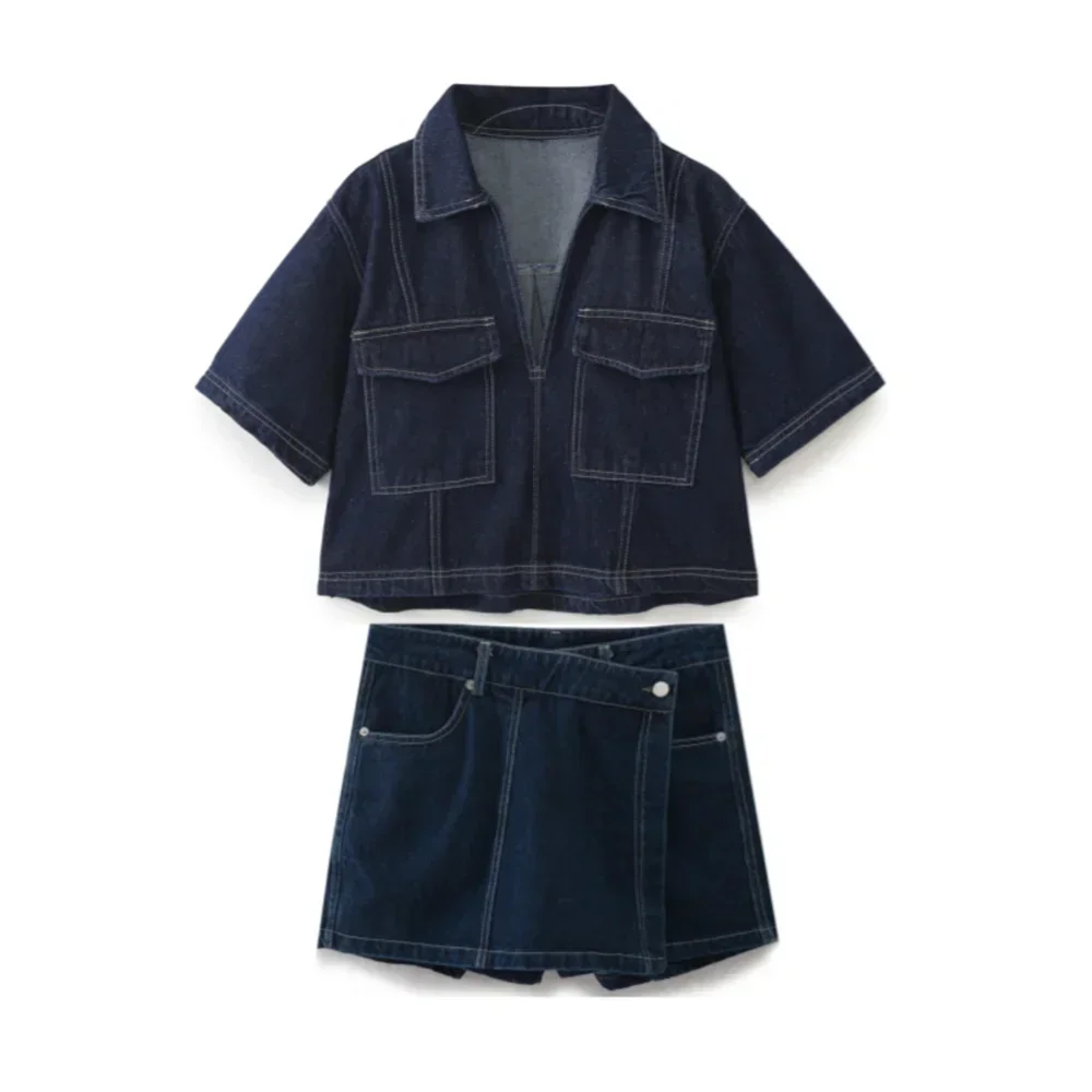 Summer New Women's Fashion Temperament Casual Versatile V-neck Short Denim Shirt Double Breasted Denim Skirt Suits Outfits