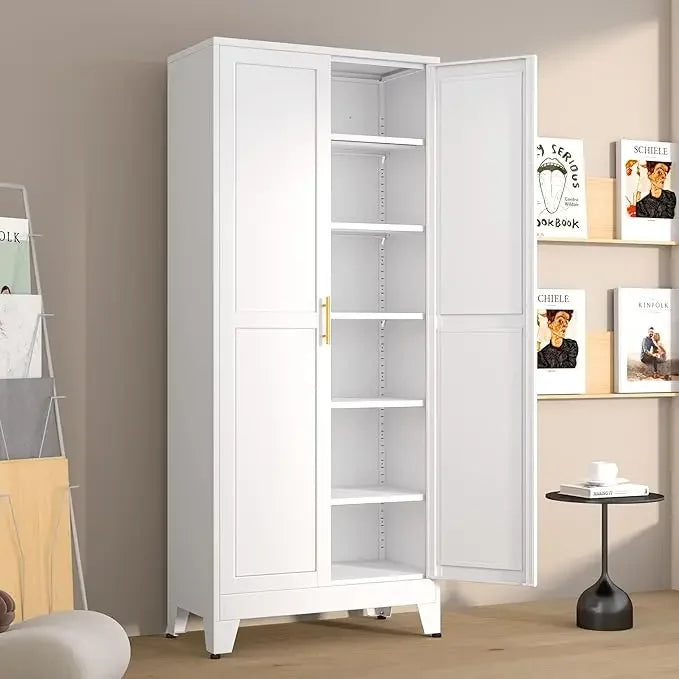 Metal Pantry Cabinet with 2 Doors and 5 Adjustable Shelves, 75" Kitchen Storage cabinets with Gold Handles, Versatile Storag