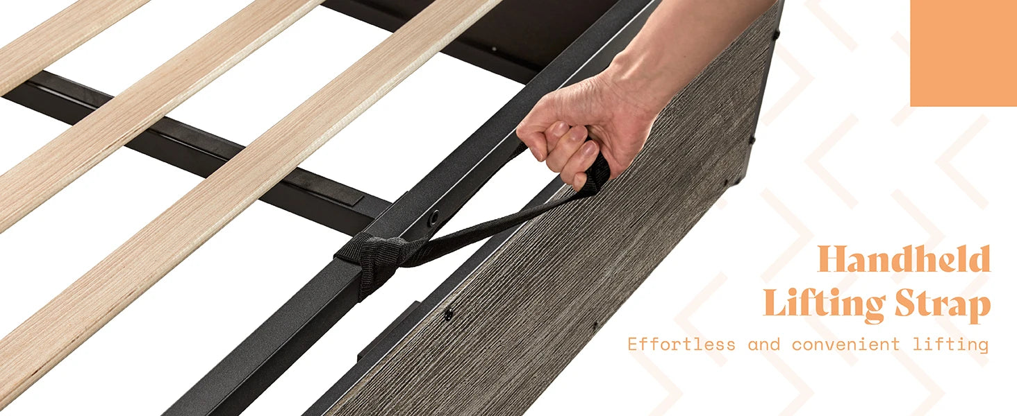 Lift Up Storage Bed, Queen Bed Frame with Storage Underneath, Wooden Platform Bed Frame, Solid Wood Slats Support