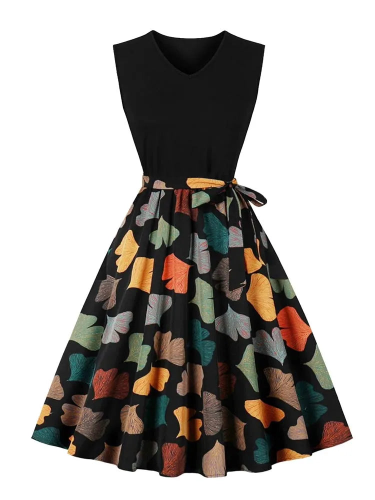 Retro Vintage Women's Summer Dress V-Neck Sleeveless High Waist Chic Floral Print with Belt 50s Style
