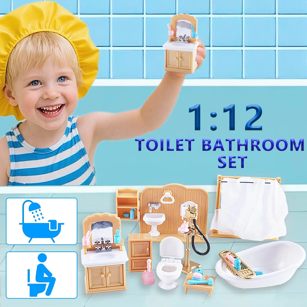 SENGTONGLE-T03 Bathroom Set Dollhouse Miniature Furniture Bathtub Pretend Play Doll House Accessories For Boy Girl Gifts