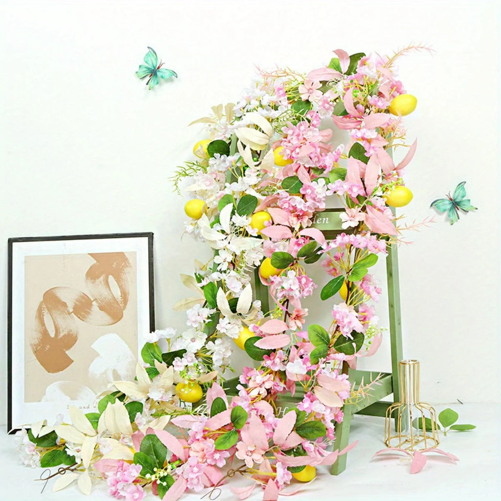 Easter Garland with Artificial Lemon and Flowers, 5.9ft Spring Garland Vine Easter Garland for Mantle Fireplace Arch