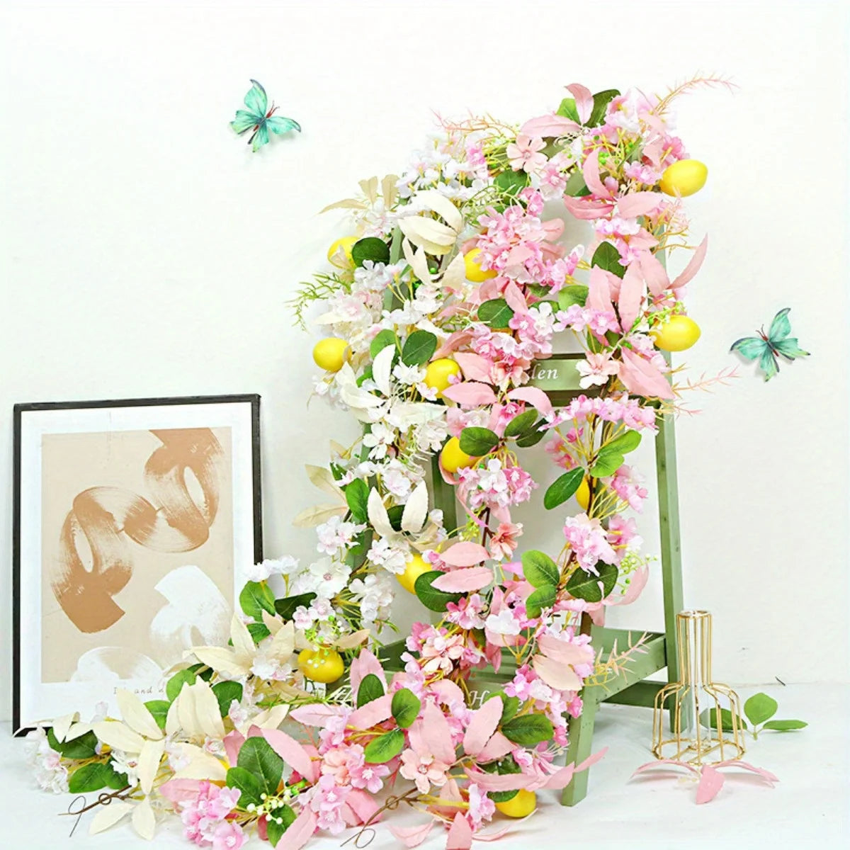 Easter Garland with Artificial Lemon and Flowers, 5.9ft Spring Garland Vine Easter Garland for Mantle Fireplace Arch
