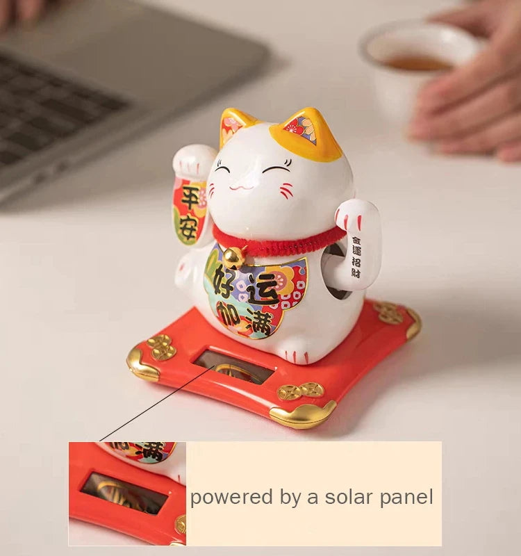 4.3 Inch Solar Powered Waving Ceramic Maneki-neko Lucky Beckoning Cat for Wealth Fortune, Home Office Decor, Gift for Prosperity