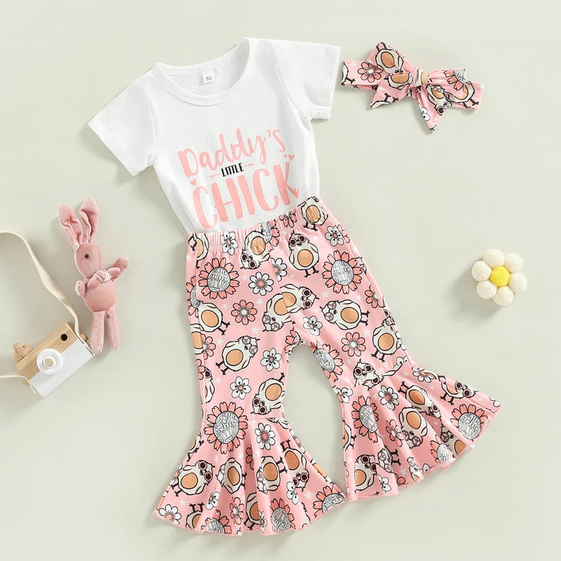 Baby Girls Easter Outfit Sets Pink Ruffle Sleeve Top Bunny Print Leggings Matching Headband and Bow