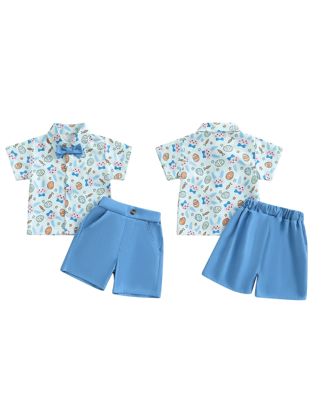 Toddler Boy Easter Outfit Bunny Egg Short Sleeve Button-up Shirt with Bowtie Solid Shorts 2 Piece Set for Spring Festivities