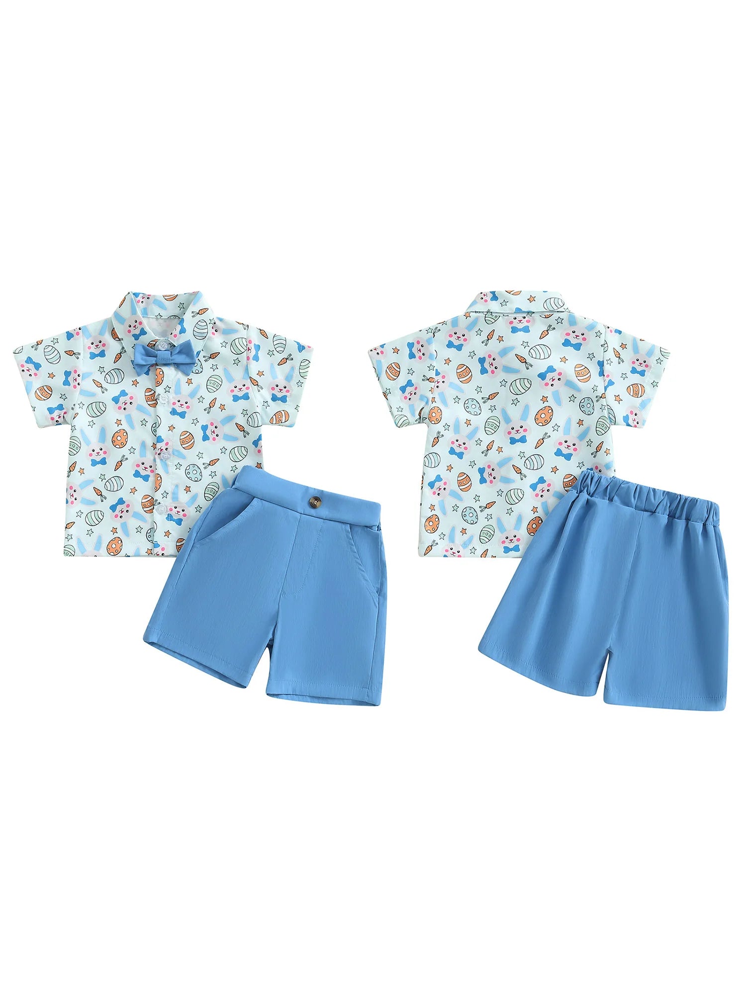 Toddler Boy Easter Outfit Bunny Egg Short Sleeve Button-up Shirt with Bowtie Solid Shorts 2 Piece Set for Spring Festivities